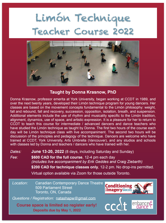 Limon Technique Teacher Course flyer in red with image of a group of dancers seated on the floor